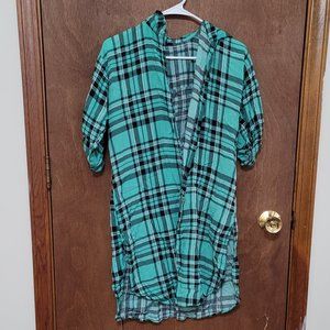 Women Button Down Long Shirt Cotton Green Size: L